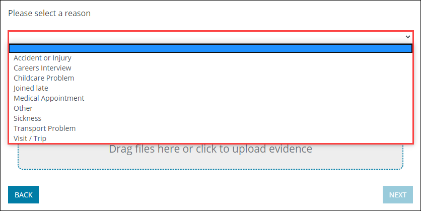 Absence reason drop-down